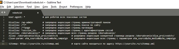 Пример заполнения файла robots.txt с помощью SublimeText с расшифровкой указаний